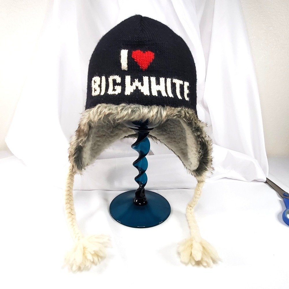 Delux Knitwits "I Love Big White" Hand Made Wool & Faux Fur Lined Earflap Hat
